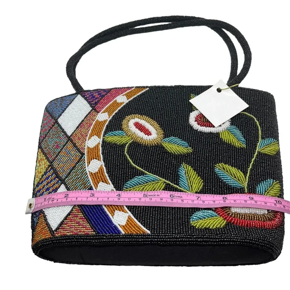 Beaded Purse Satchel Handbag Vintage Floral New with Tags Black Multicolor Retro